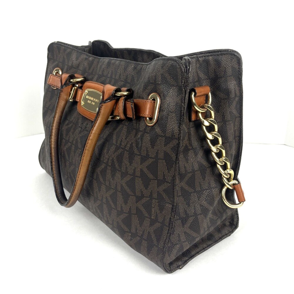 Michael Kors LG Hamilton Satchel Shoulder Handbag Canvas Logo Print Tan Leather